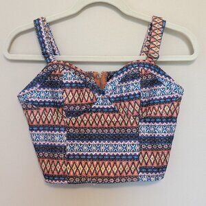 TCEC cropped top zip back adjustable straps Large EUC blue white orange Y2K club